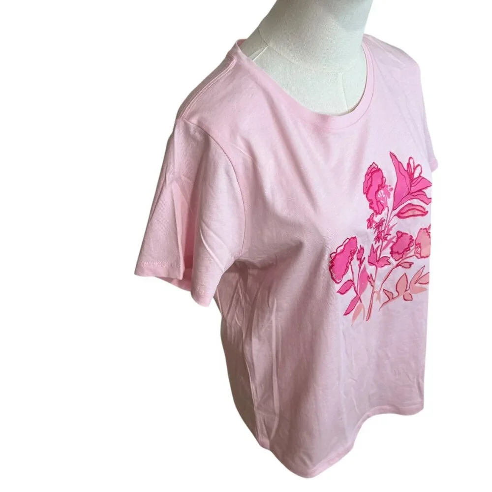 J. Crew Pink short sleeve tee shirt with hot pink floral detail.  Size S